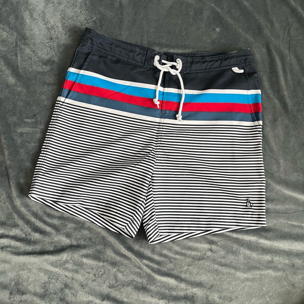Original Penguin Men's Striped Swim Shorts - Black, Blue, Red
